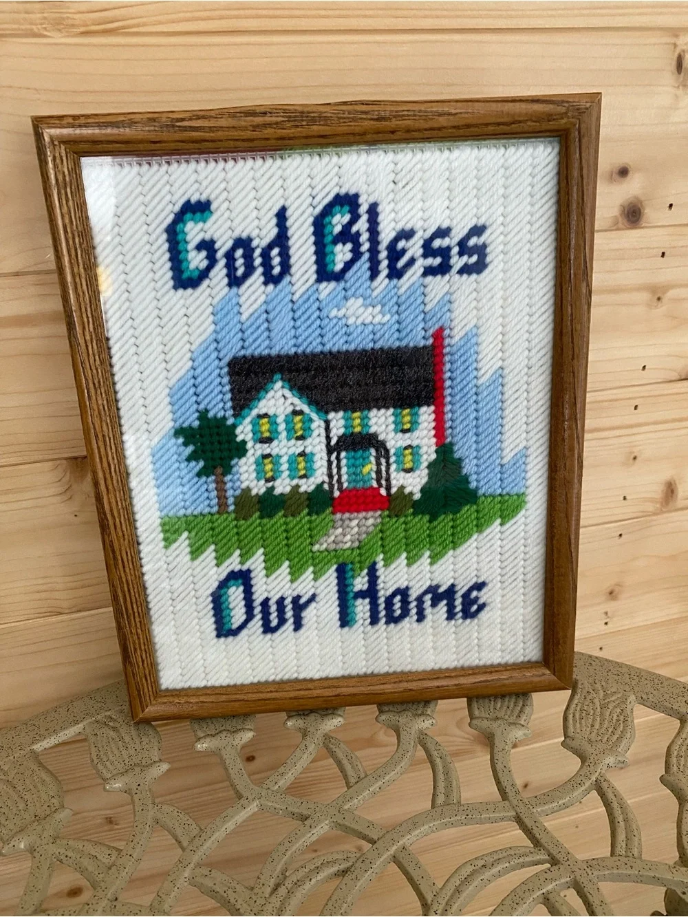 Vintage Framed Cross Stitch Embroidery God Bless Our Home Grannycore Wall Art